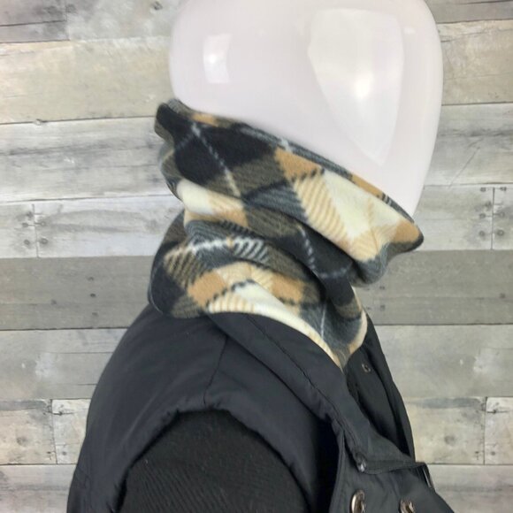 Plaid Fleece Neck Gaiter: Black, Tan & Cream - Handmade Scarf Warmer - Picture 4 of 9